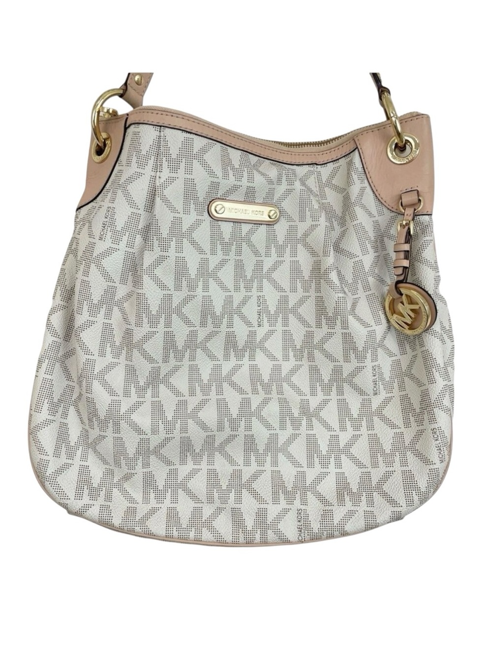 Michael Kors Hobo Handbag Jet Set Monogram Pleated White Tan Signature MK Logo